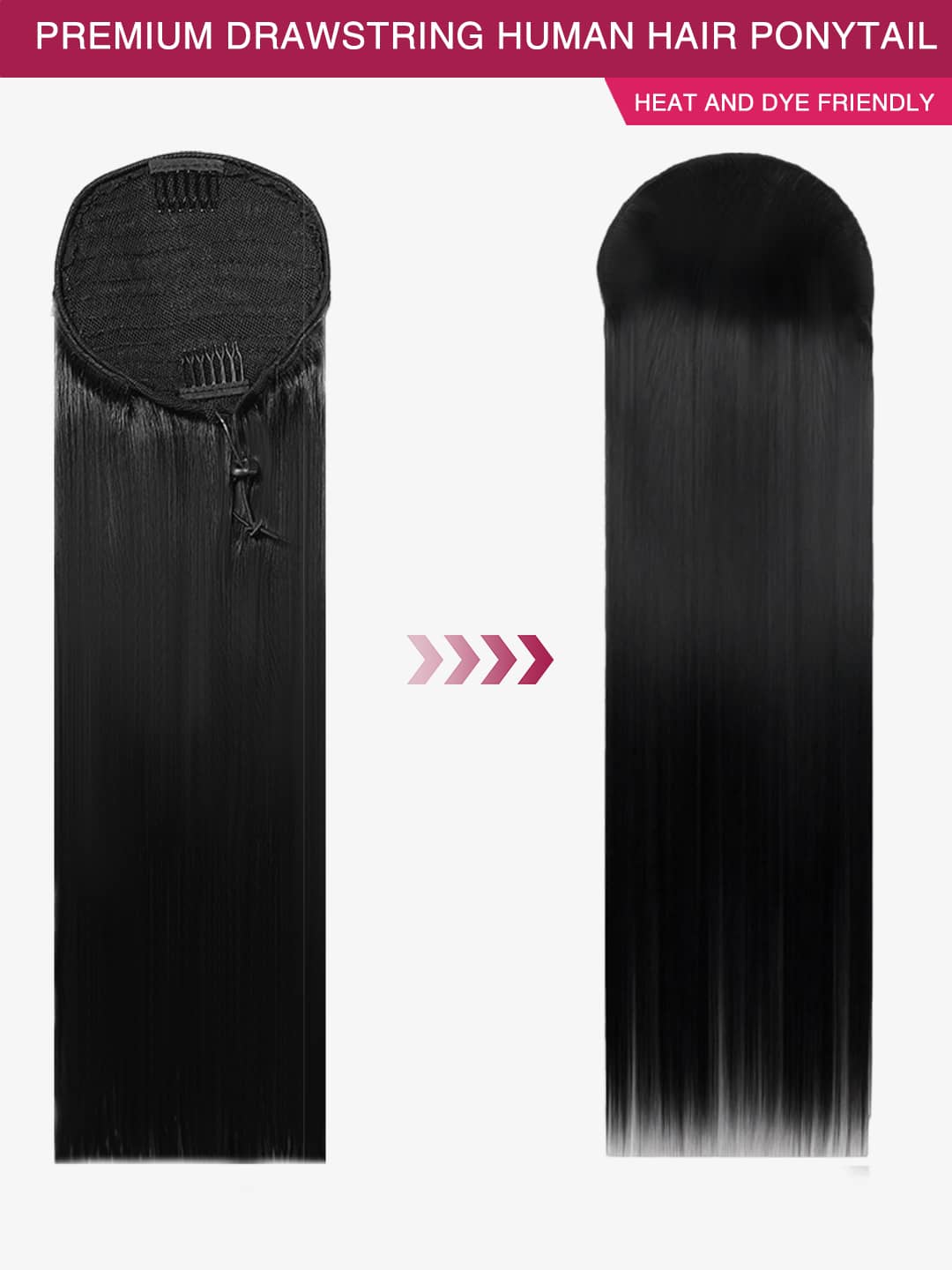 the back and front of 100% human hair drawstring ponytail