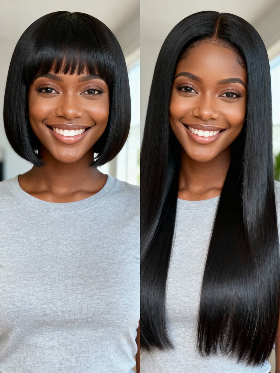 a women before and after with hair extensions for straight hair