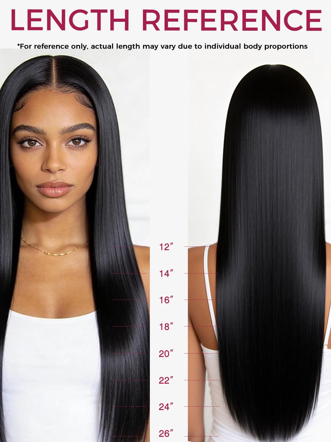 Length reference with black hair extensions 12 14 16 18 20 22 24 26 inch  for women