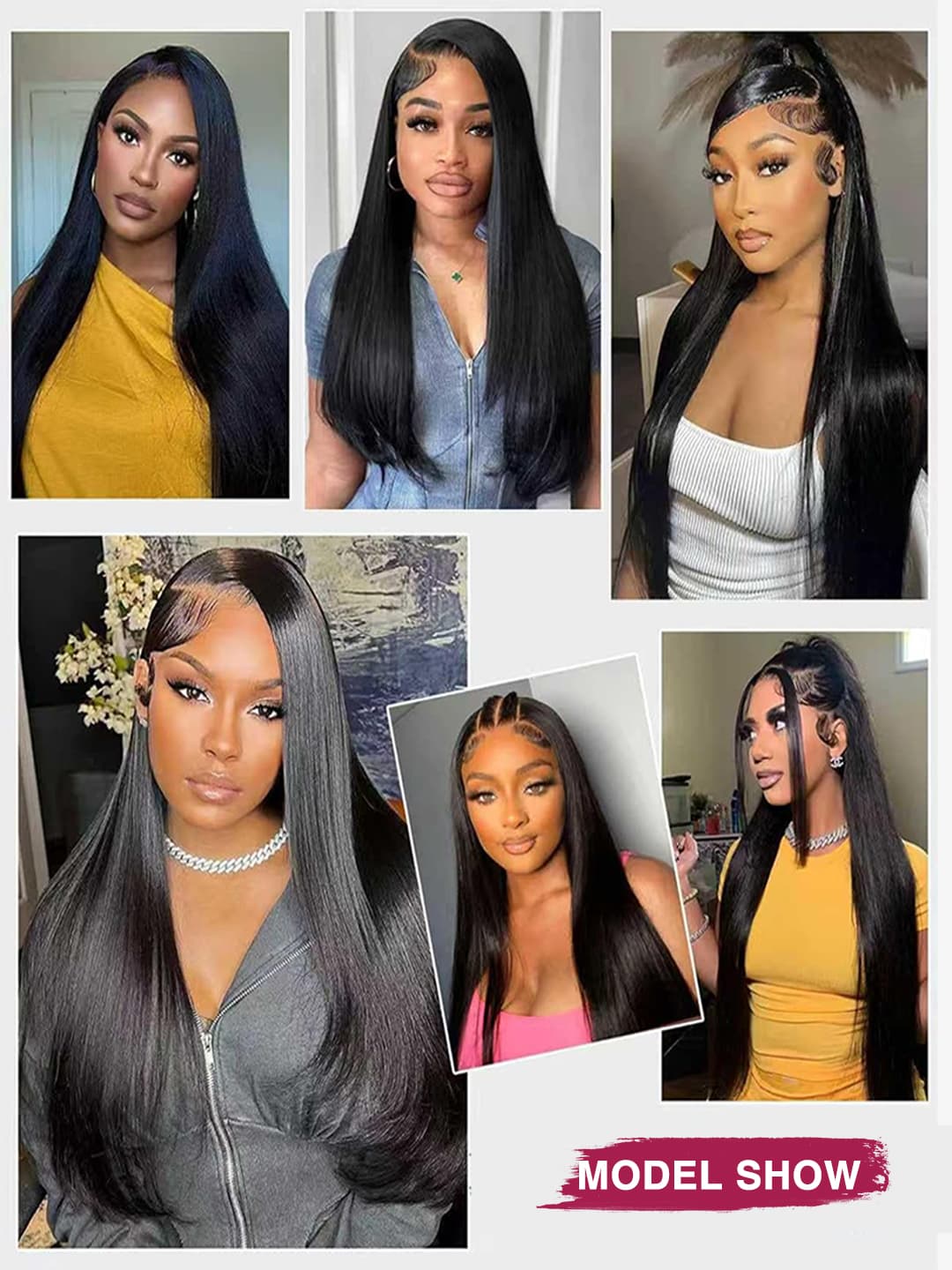 Collage of models wearing black hair extensions human hair