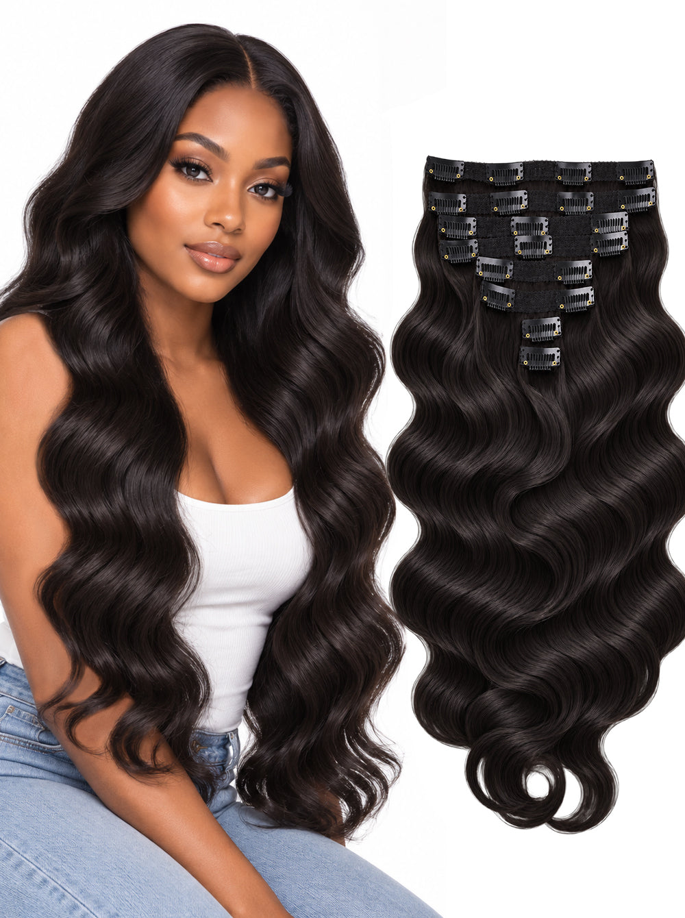 A woman with long, dark brown body wave clip-in hair extensions shown next to a product display of the same wavy hair extensions on a white background.