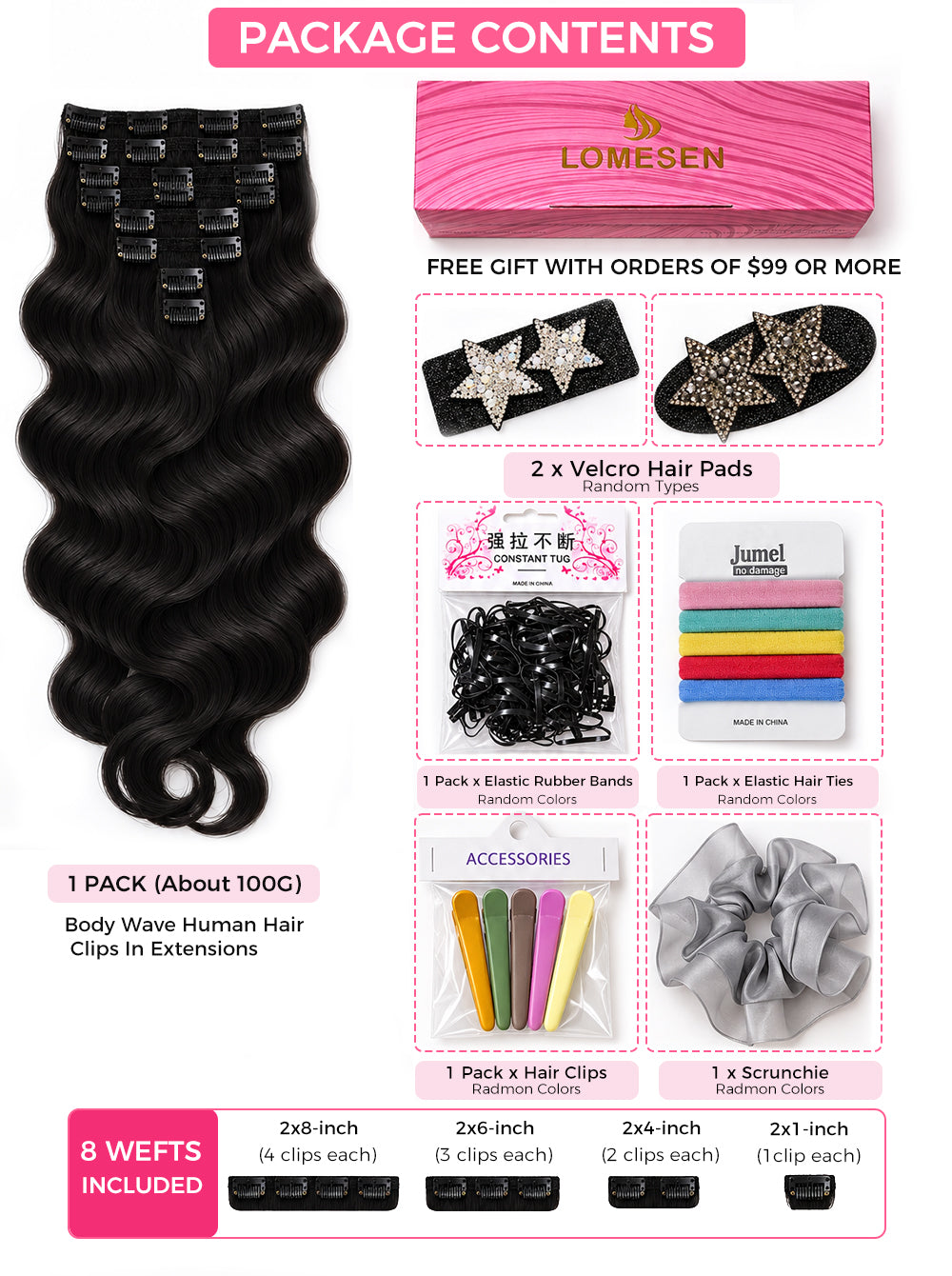 Lomesen hair clip extension package contents on a white background, showing a pack of black body wave human hair clips in extensions, a pink Lomesen box, star-shaped velcro hair pads, elastic rubber bands, elastic hair ties, hair clips, a scrunchie, and small accessory packets.
