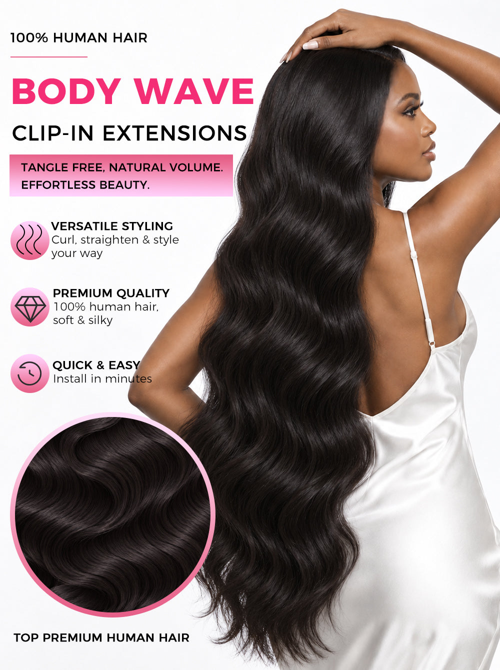A woman modeling long, natural black body wave clip-in hair extensions against a white background, with promotional text and a circular inset showing the hair texture.