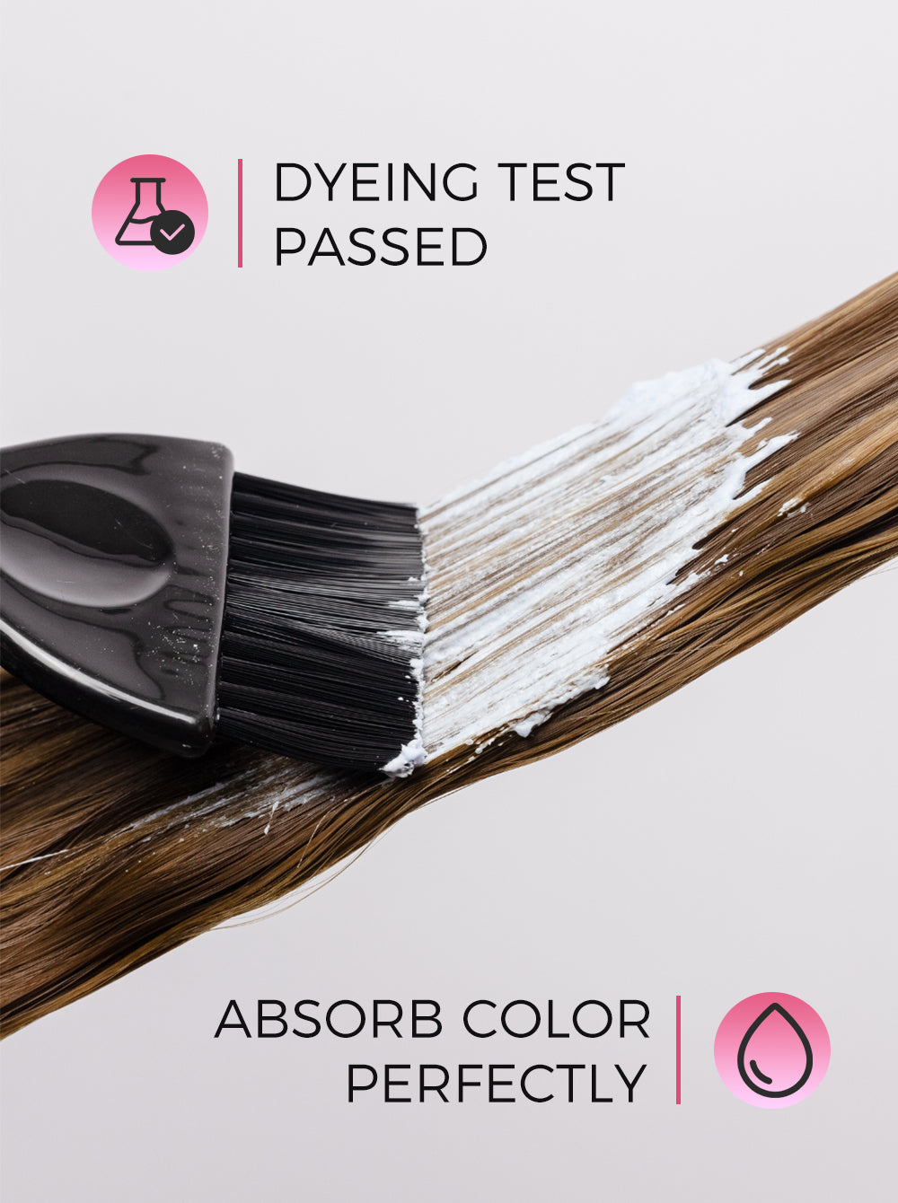 A close-up of a hair dye brush applying white dye to brown hair, with text reading 'DYEING TEST PASSED' and 'ABSORB COLOR PERFECTLY' on a light gray background.