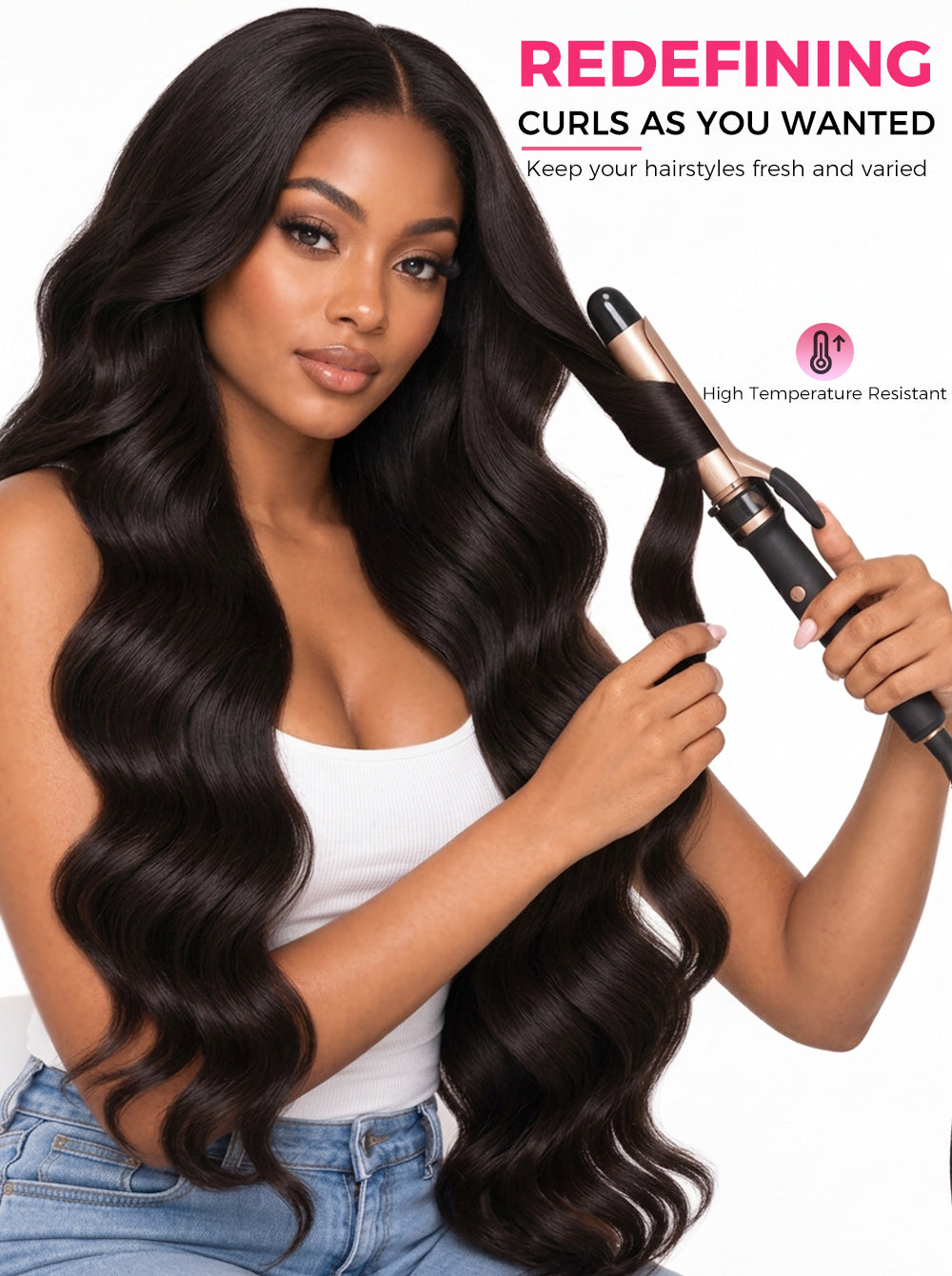 A woman with long, dark, wavy hair is shown curling a section of her hair with a black and rose gold curling iron. The background is white with promotional text that reads 'REDEFINING CURLS AS YOU WANTED' and 'High Temperature Resistant'.