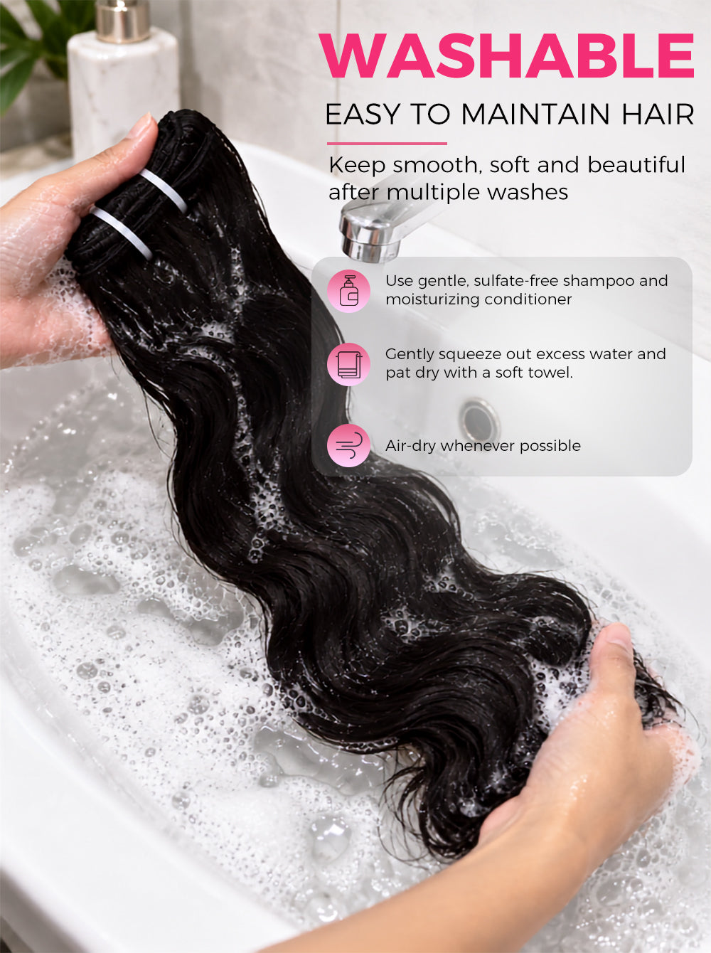Washable black hair extensions being washed in a sink with running water, held by two hands. The image includes text overlays highlighting key features like 'WASHABLE' and 'EASY TO MAINTAIN HAIR', along with care instructions.
