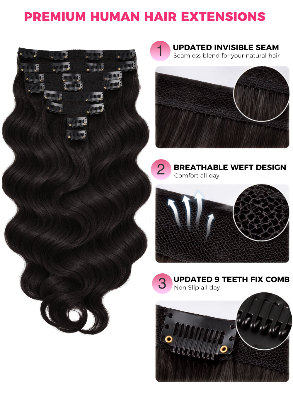 Wavy black human hair extensions with multiple clip-in pieces shown on a white background, alongside three feature callouts with text and close-up inset images of the weave and hair texture.