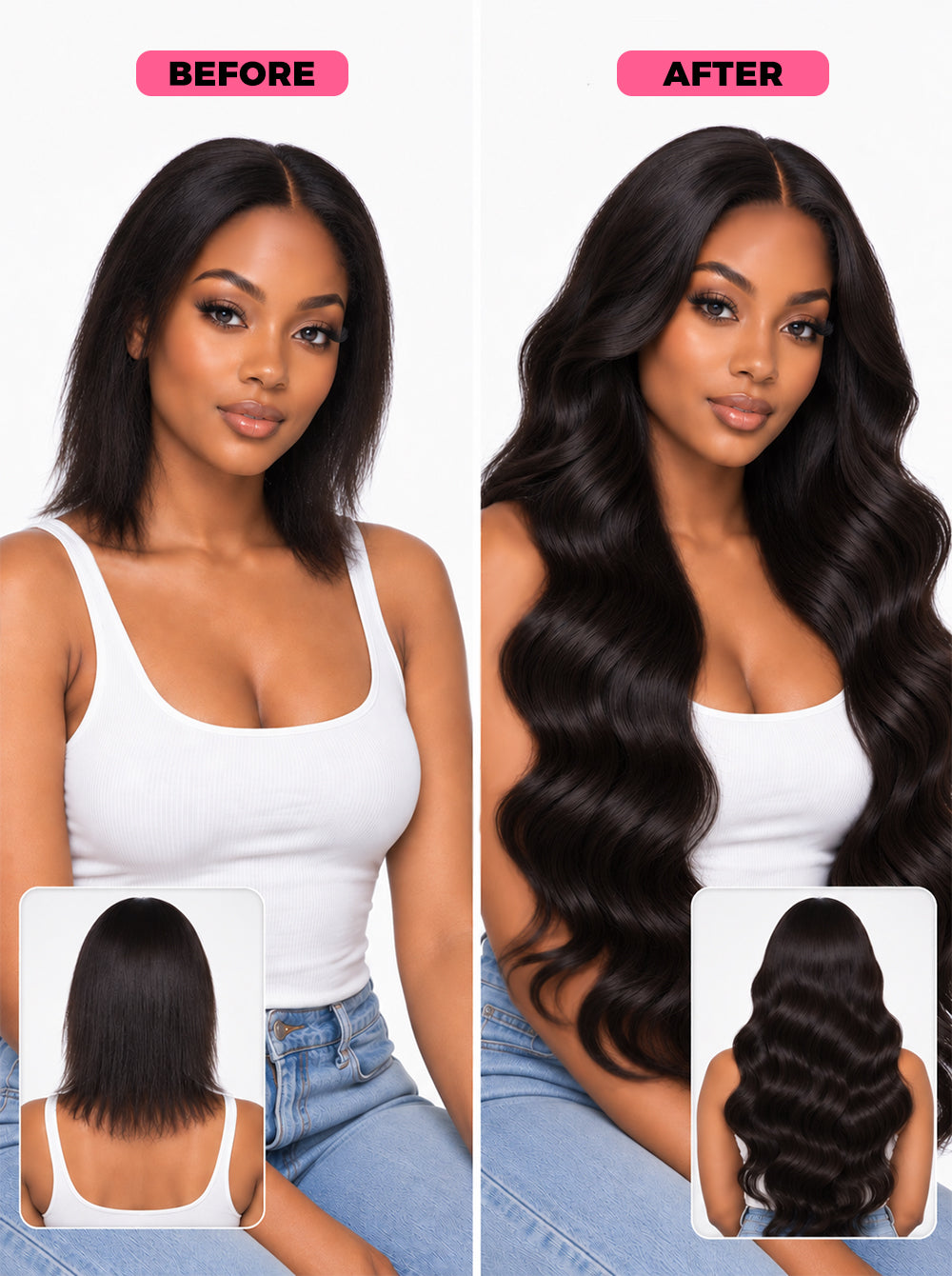 Before and after comparison of a woman wearing a long, straight to body wavy black hair extension. The left side shows the hair in a straight, shoulder-length style labeled 'BEFORE', and the right side shows the hair styled in long, voluminous waves labeled 'AFTER'.