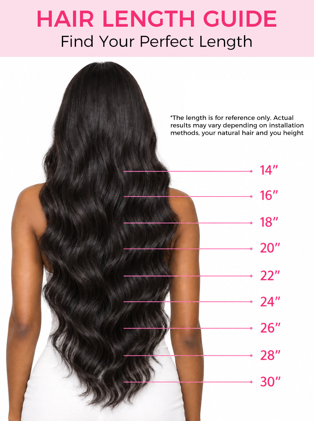 A hair length guide showing the back view of a woman with long, dark, body wavy hair. Pink text and lines indicate recommended lengths from 14 inches to 30 inches.