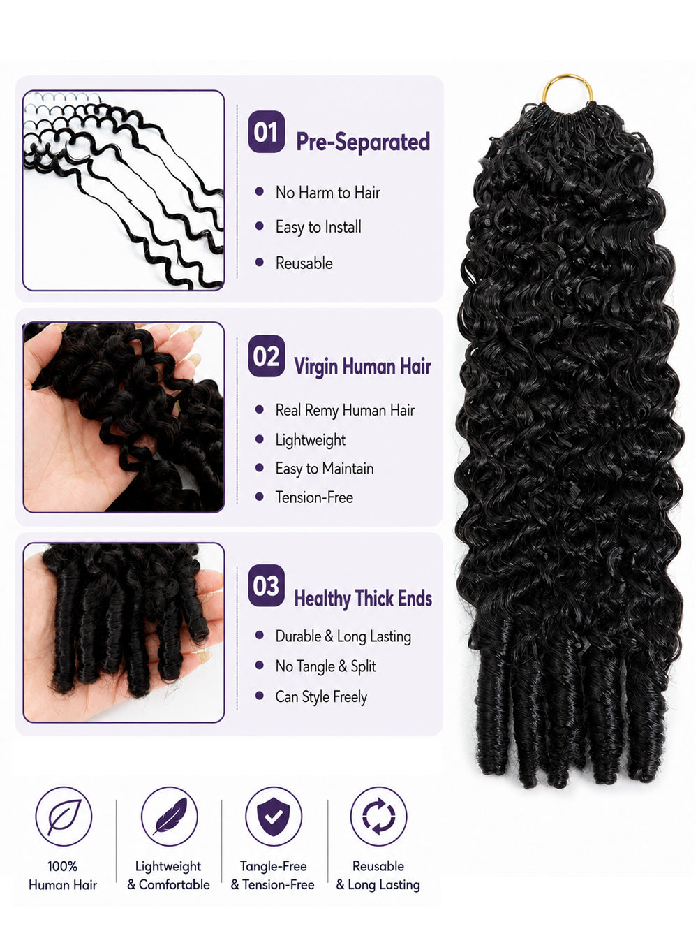 Burmese Curly Crochet Human Hair Extensions | Boho Braids, Fulani Braids & Twists | Pre-Separated Pre-Looped Lightweight Soft Hair