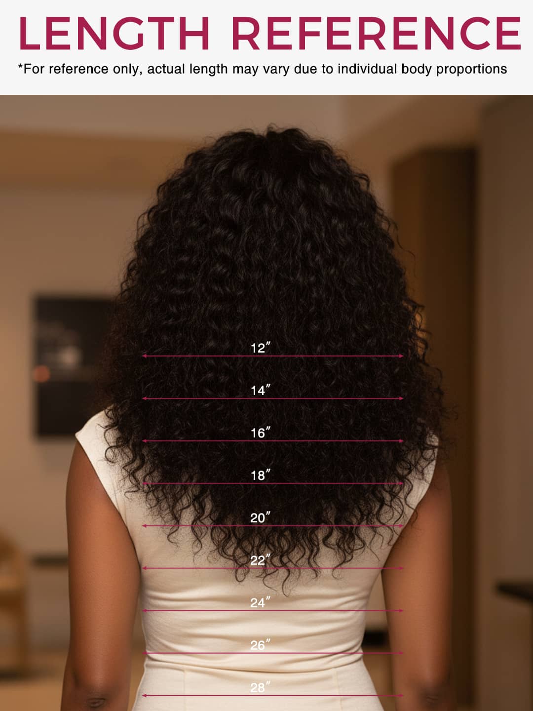 Measurement chart for deep wave clip ins showing length reference with a blurred indoor background.