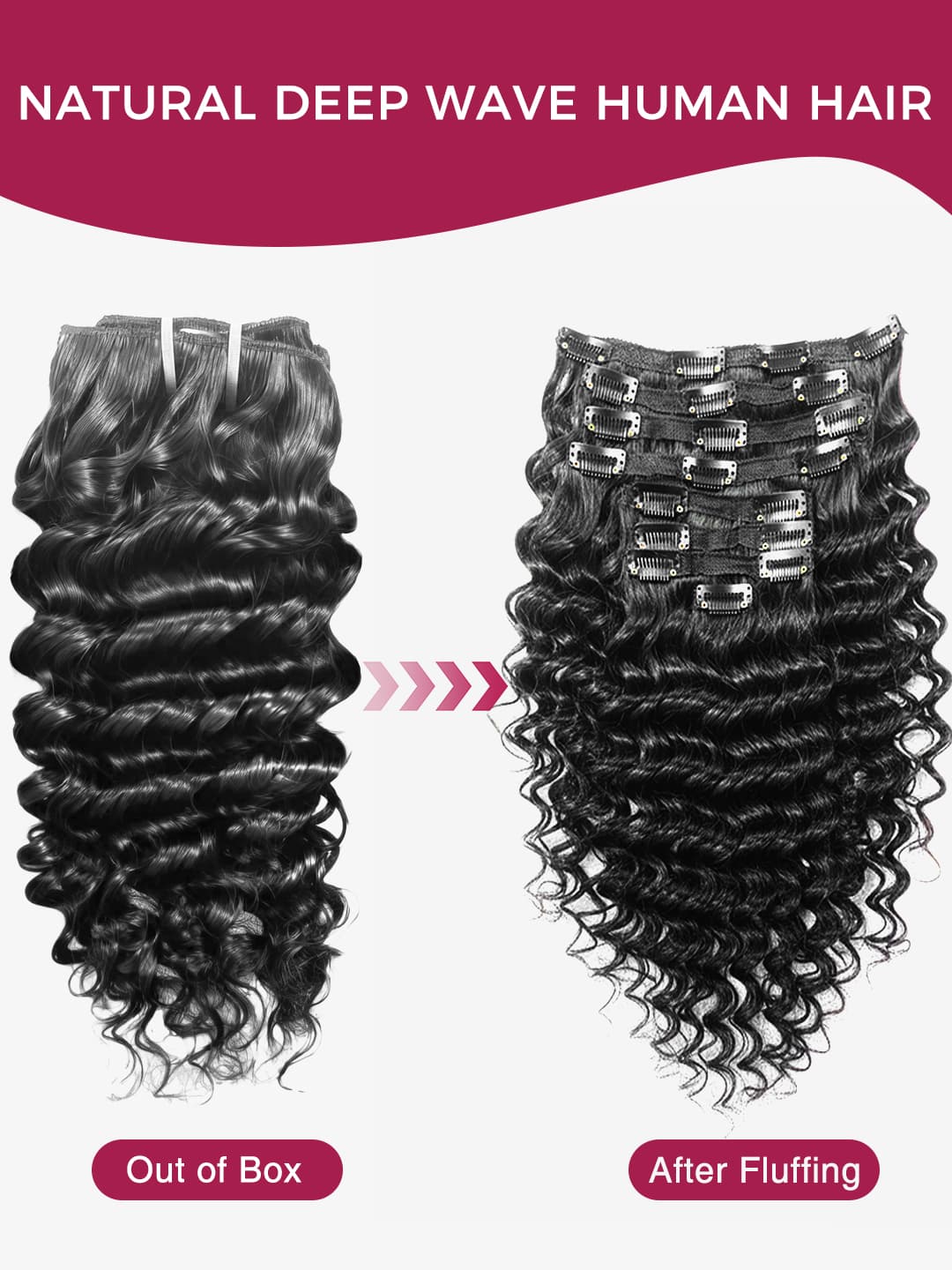 Deep wave extensions showing 'Out of Box' and 'After Fluffing' status
