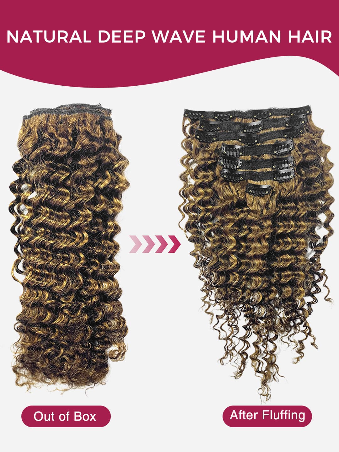 chocolate brown and blonde deep wave extensions shown before and after fluffing