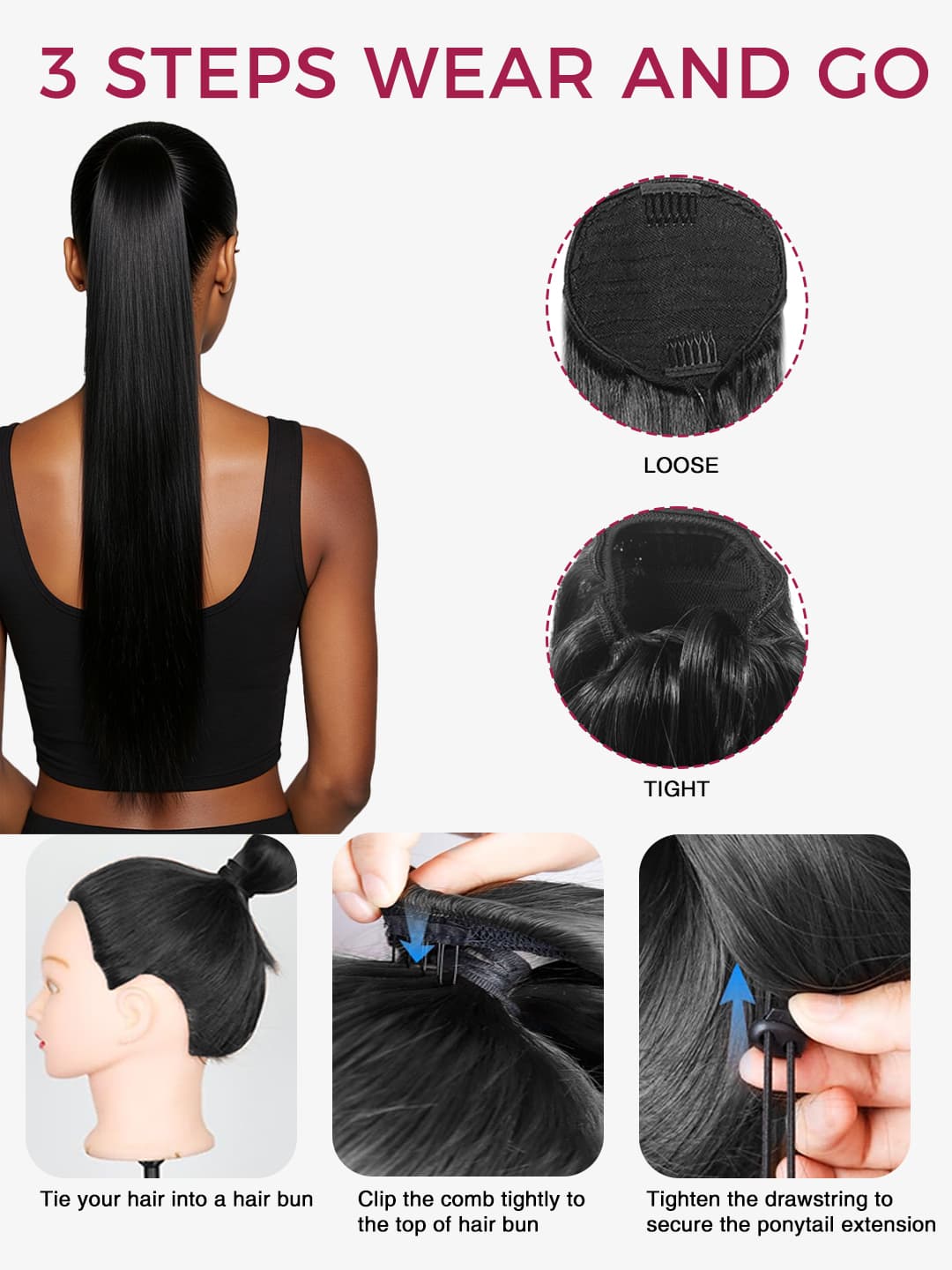 Instructions for how to put on a drawstring ponytail