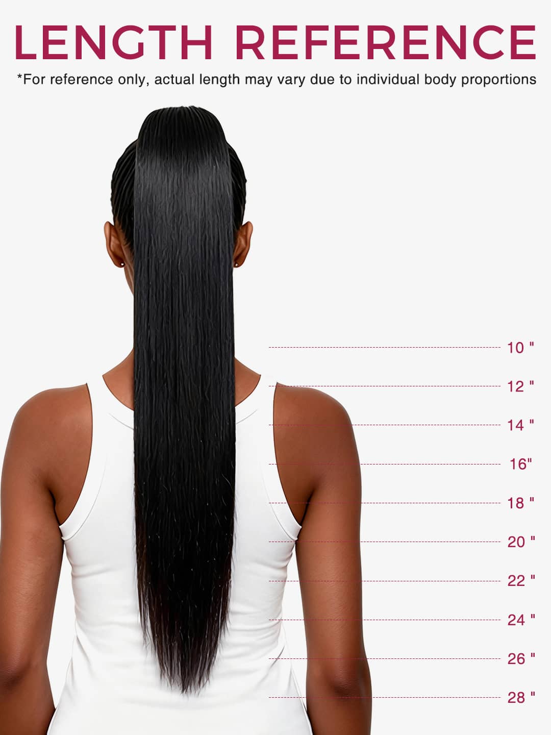 drawstring ponytail extension length reference with a person wearing it and a measurement chart 