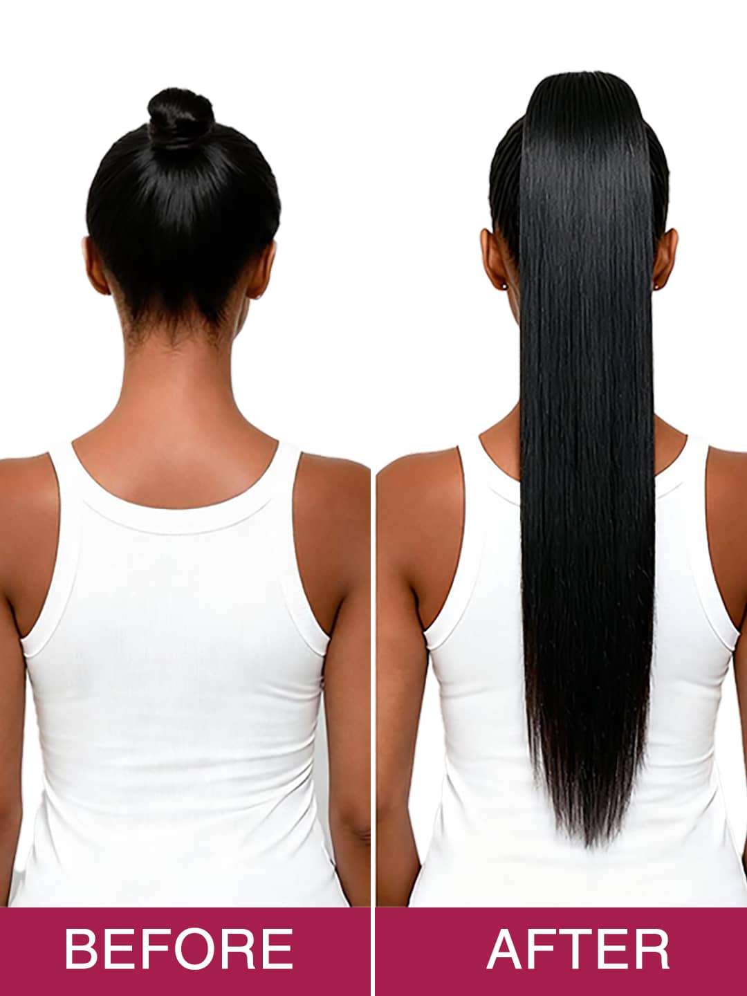 Before and after comparison of a woman with a drawstring ponytails extension.