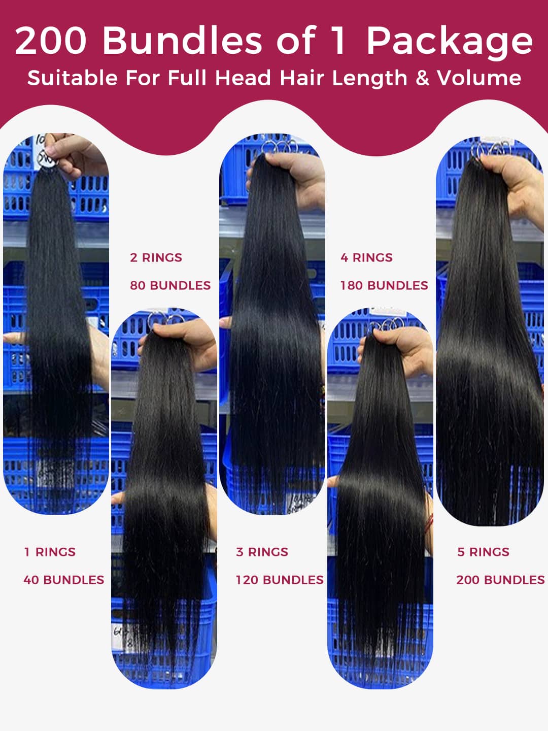 Display of feather extensions in hair indicating quantity per package.