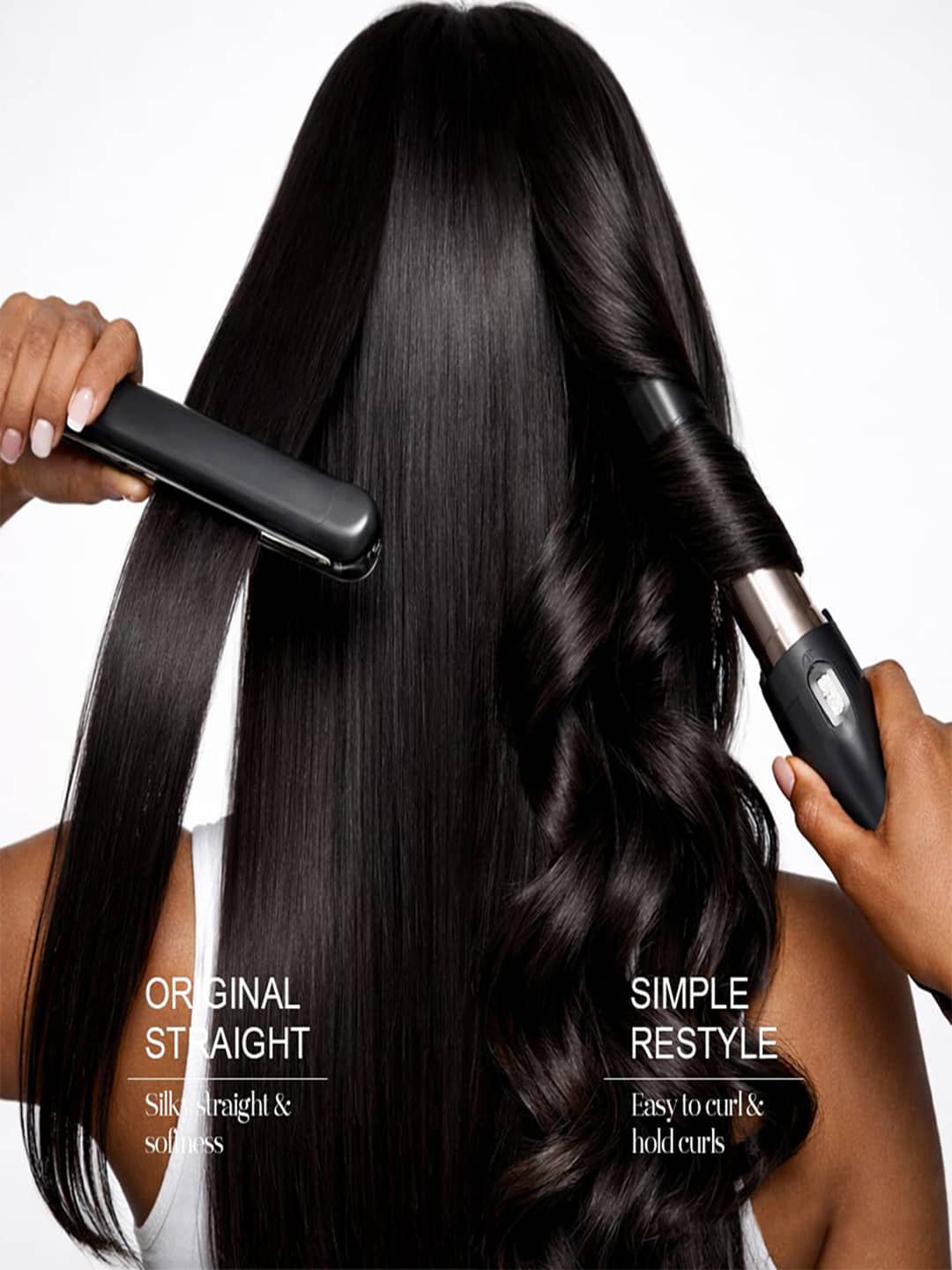 A woman displays using a hair straightener and curling iron on feather for hair extensions