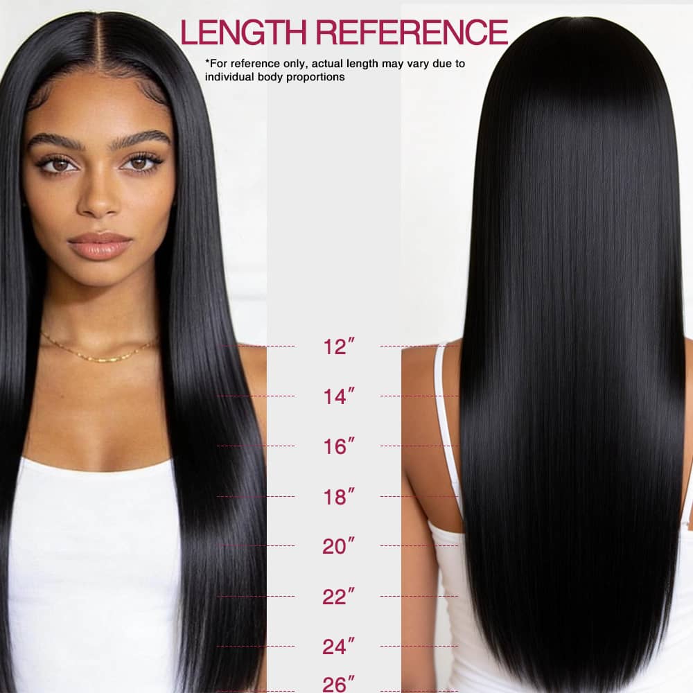 Feather tip hair extensions length reference with a model and measurement chart on a white background