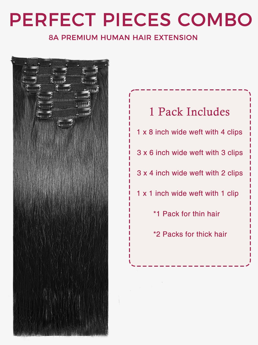 packaging details of hair extension clip black set 