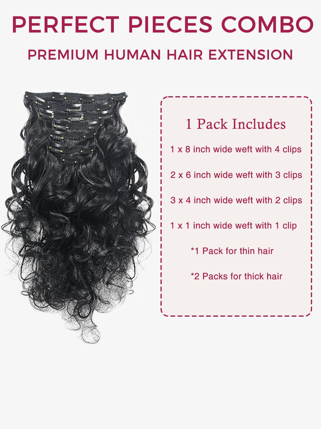 Hair extensions loose curls set with product details on a white background