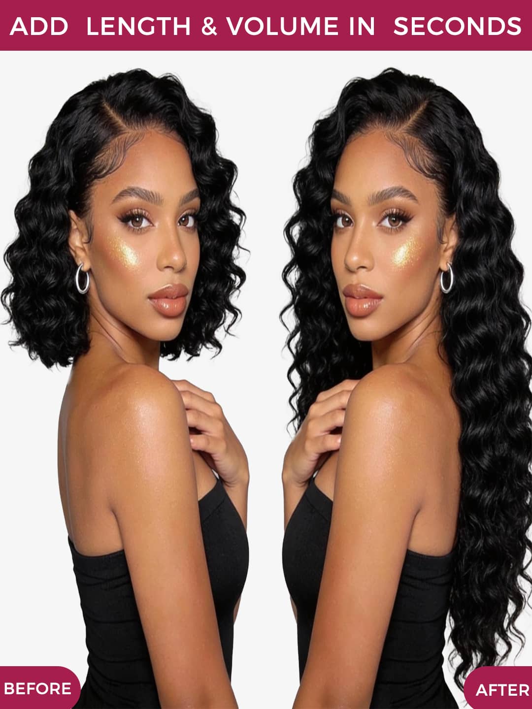Before and after comparison of a woman with wavy clip in hair extensions, showing length and volume increase.