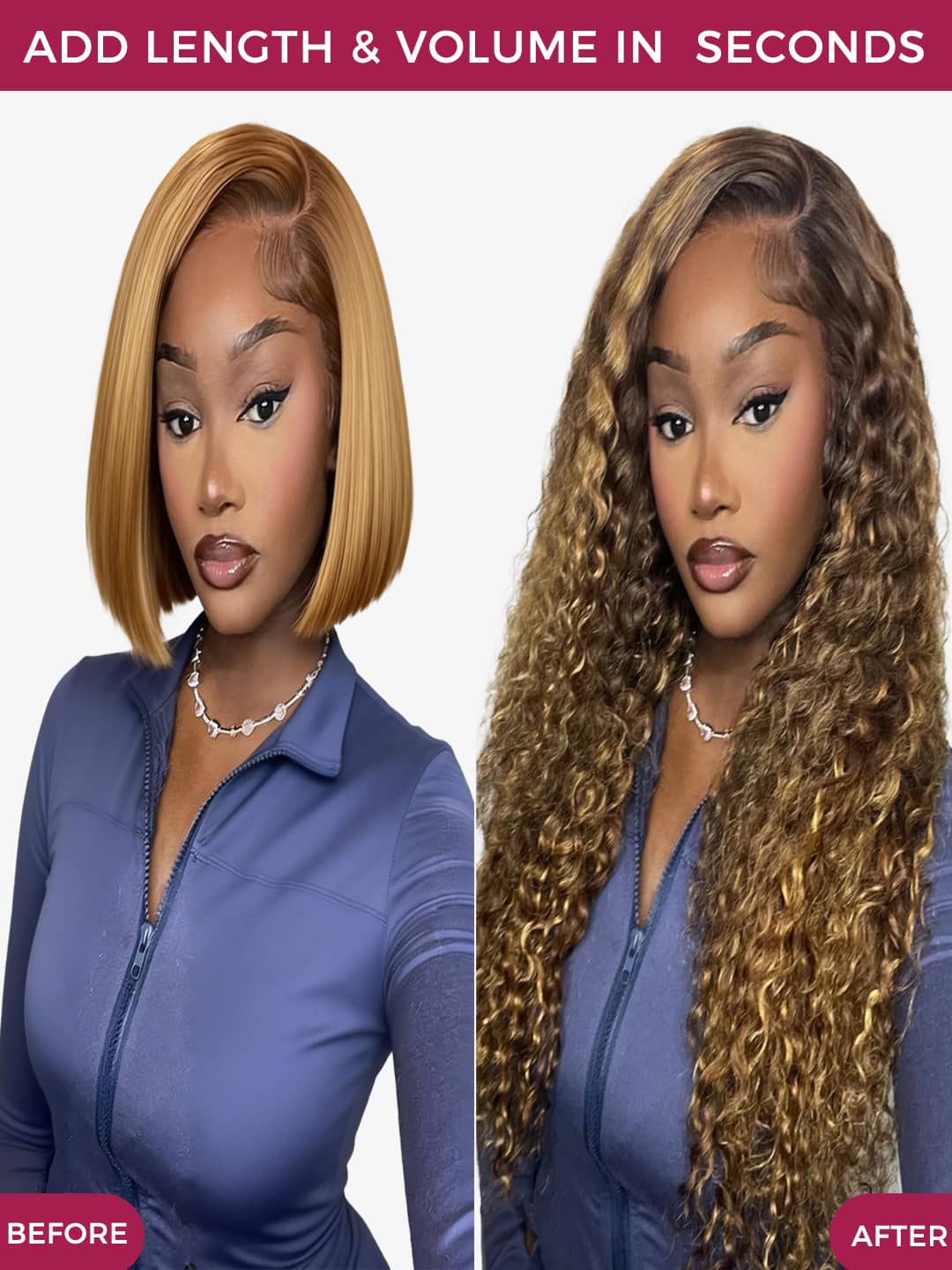 Before and after comparison of a woman with chocolate brown and blonde wavy hair extensions, wearing a blue top.