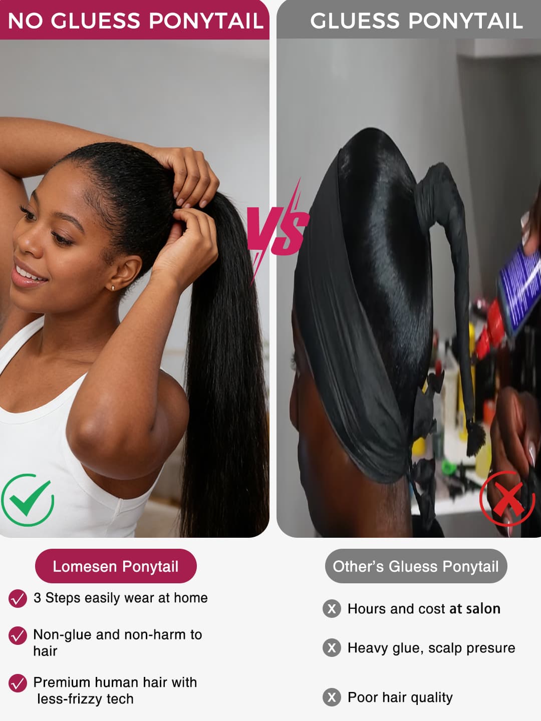 Lomesen no gluess human hair ponytail drawstring vs other's gluess ponytail