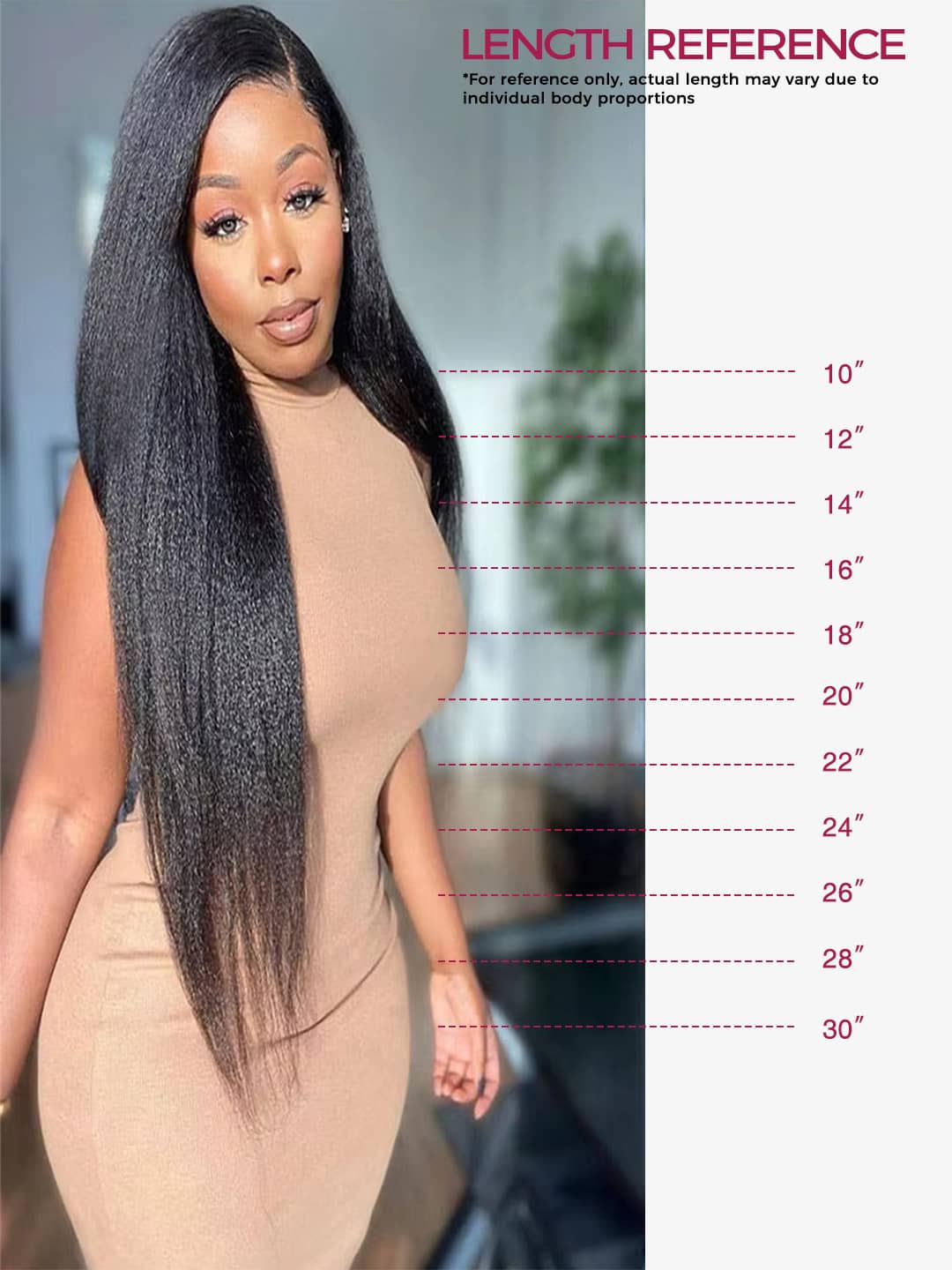 Woman with long kinky straight clip in extensions next to a length reference chart