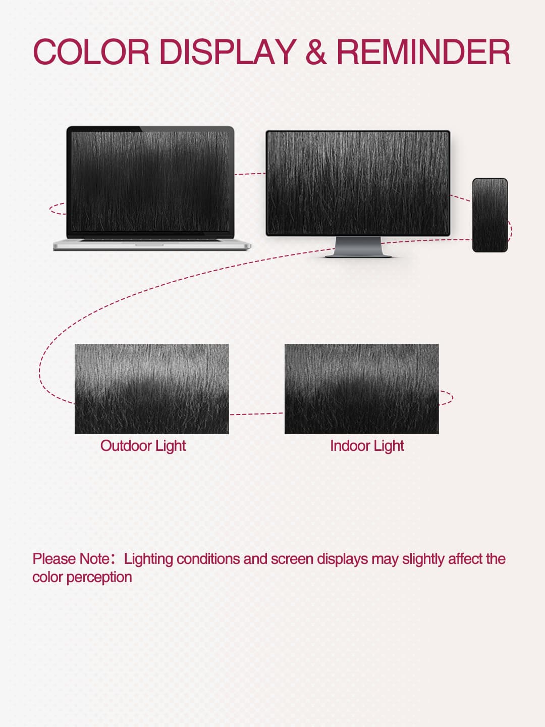 Color display of kinky straight clip in hair showing color perception under different device and  lighting conditions.