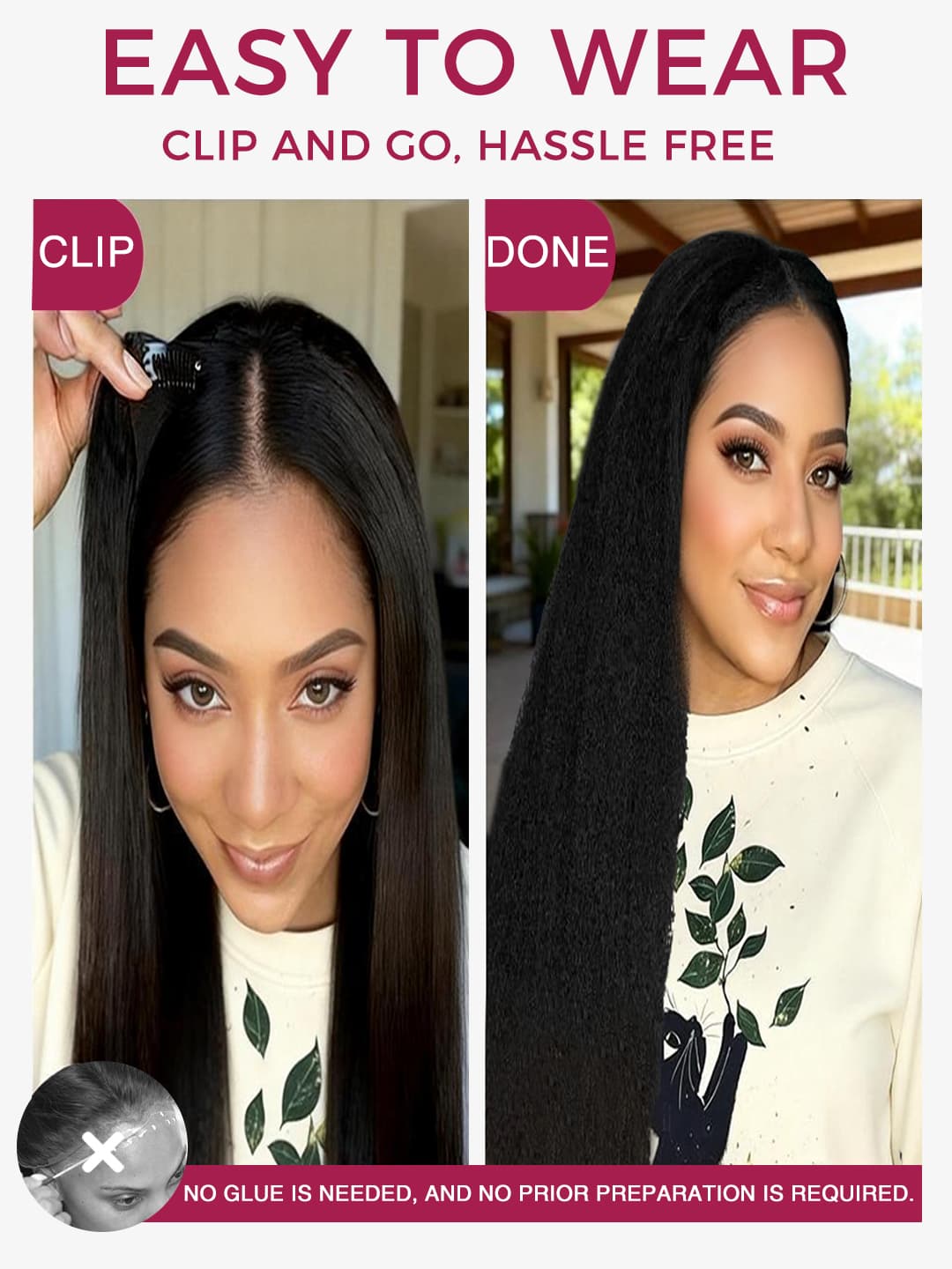 Woman with kinky straight hair clip ins being styled, showing 'Clip and Go' ease of use.