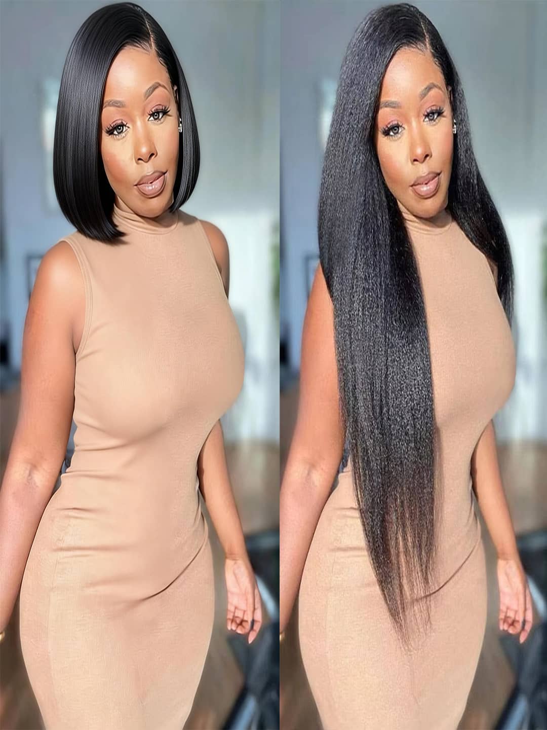 a women with hair extensions showing kinky straight hair extensions before and after