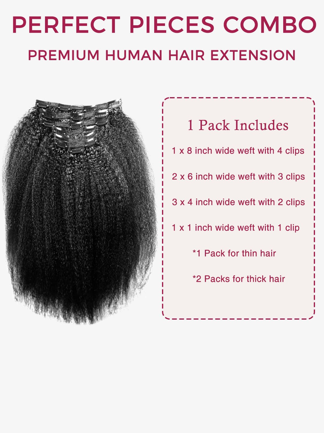 kinky straight human hair wig set with packaging details on a white background
