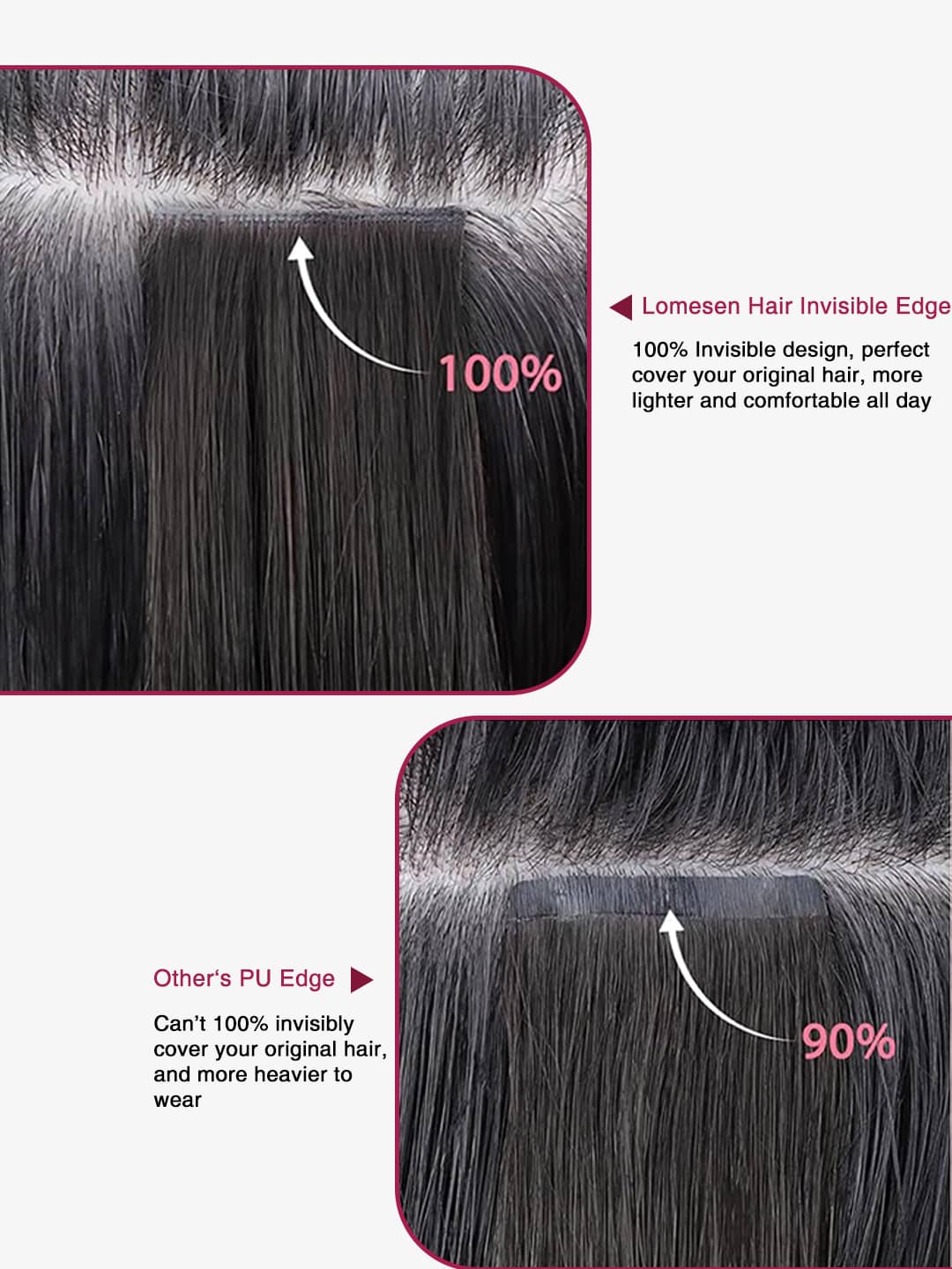 Comparison of Lomesen loose human hair extensions invisible edge with other's hair extensions PU edge design