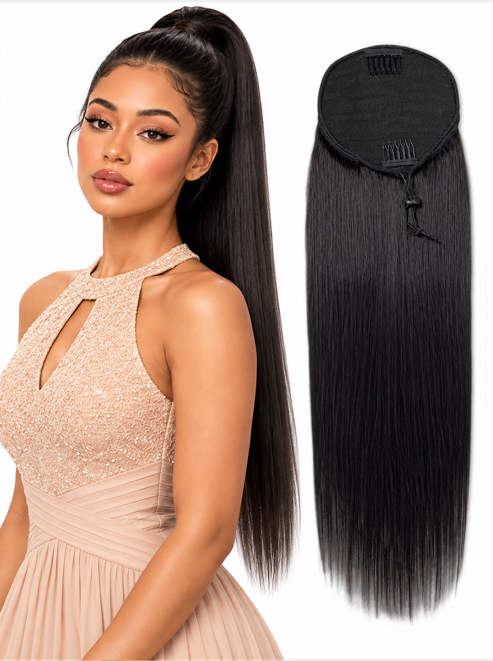 natural_straight_human_hair_drawstring ponytail​