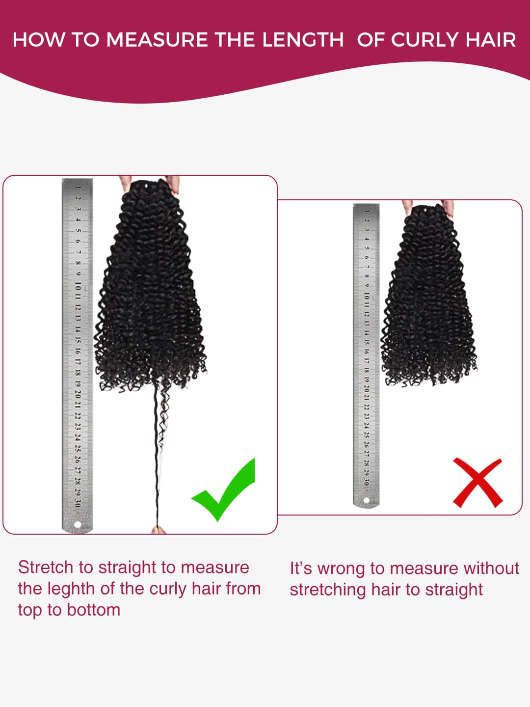 Instructions on how to measure the length of wavy clip in human hair extensions