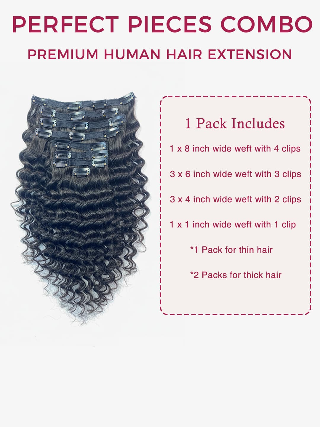 Wavy hair extension human hair set with packaging details on a white background